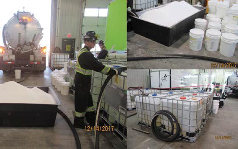 Vacuuming Water and Propylene Glycol from totes and Zerion FVS Powder from bin into vacuum truck.